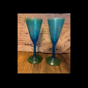 2 Vintage Glasses  Mexican Hand Blown Blue Green Wineglasses lass Goblets  8.5”